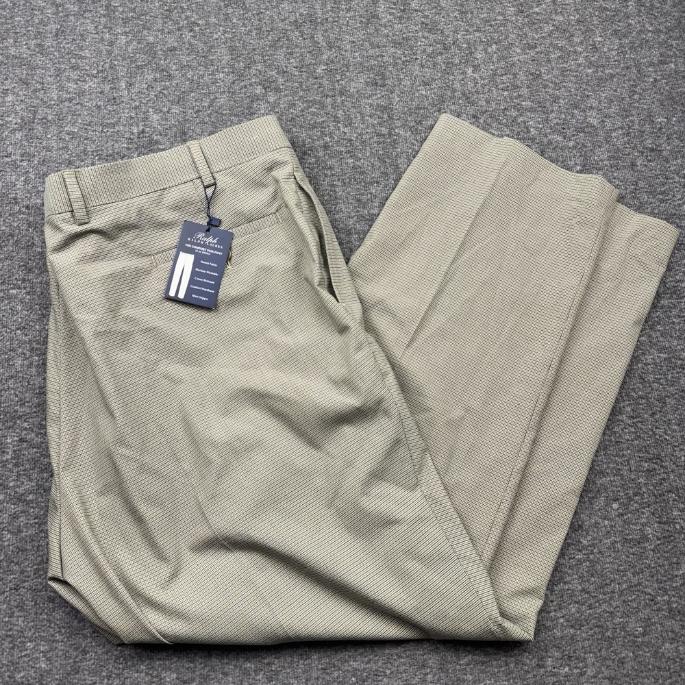 Ralph Ralph Lauren Dress Pants Mens Sz 42x30 Flat Front Houdstooth Green Wool